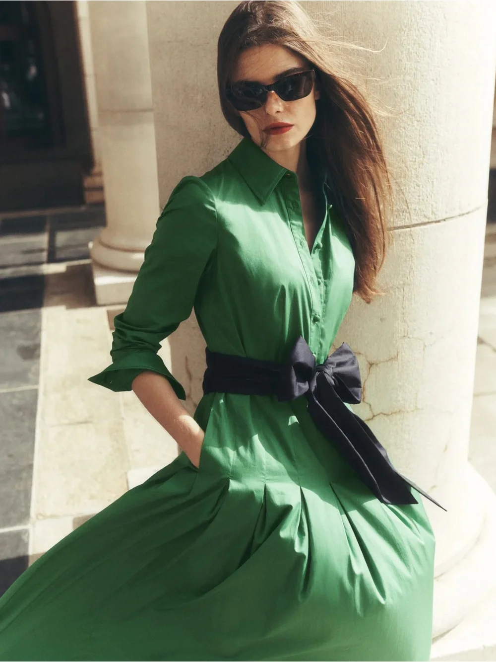 NWT BODEN Maxi Pleated Bow Dress in Green Navy - Picture 4 of 11